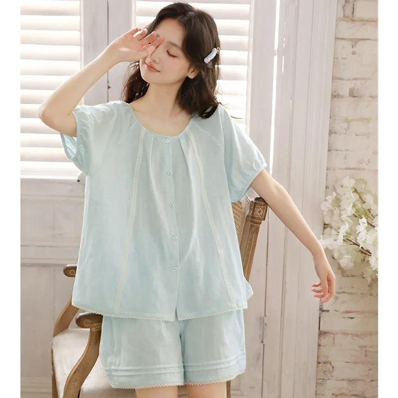 Women's Summer Cotton Pajamas 100% Woman Yarn Crew Neck Short Sleeved Cardigan Shorts  Sweet Design XXL Size Cozy