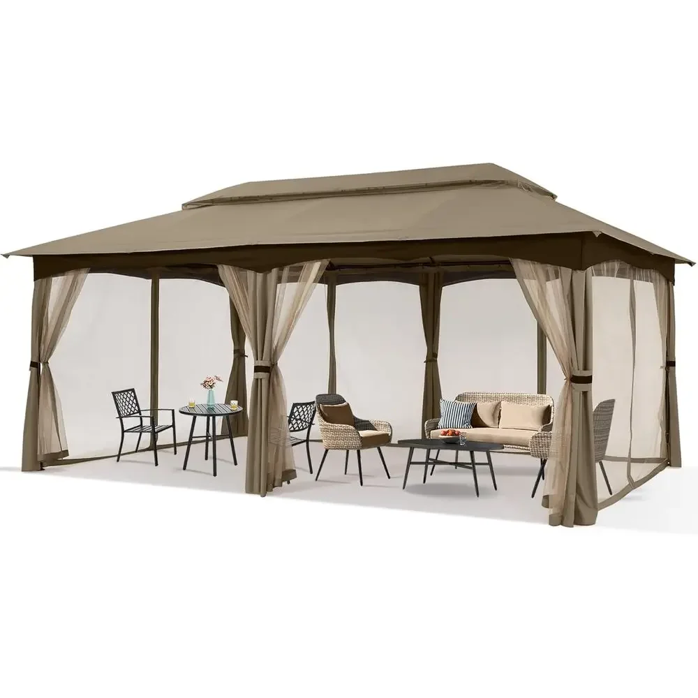 Upgraded Steel and Netting Outdoor Patio Gazebo, 10x20 Khaki