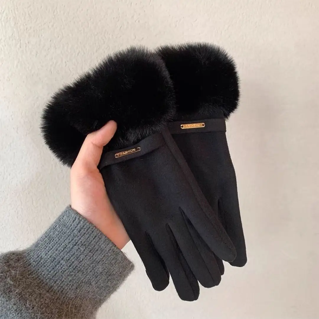 Winter Women Keep Warm Plus Velvet Touch Screen Thicken Plush Wrist Suede Gloves Fashion Personality Elegant Drive Cycling