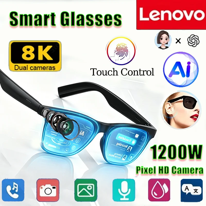 Lenovo AI 8K Camera Smart Sunglasses Multifunctional Bluetooth Call Music Player Voice Assistant Translate Photochromic Glasses