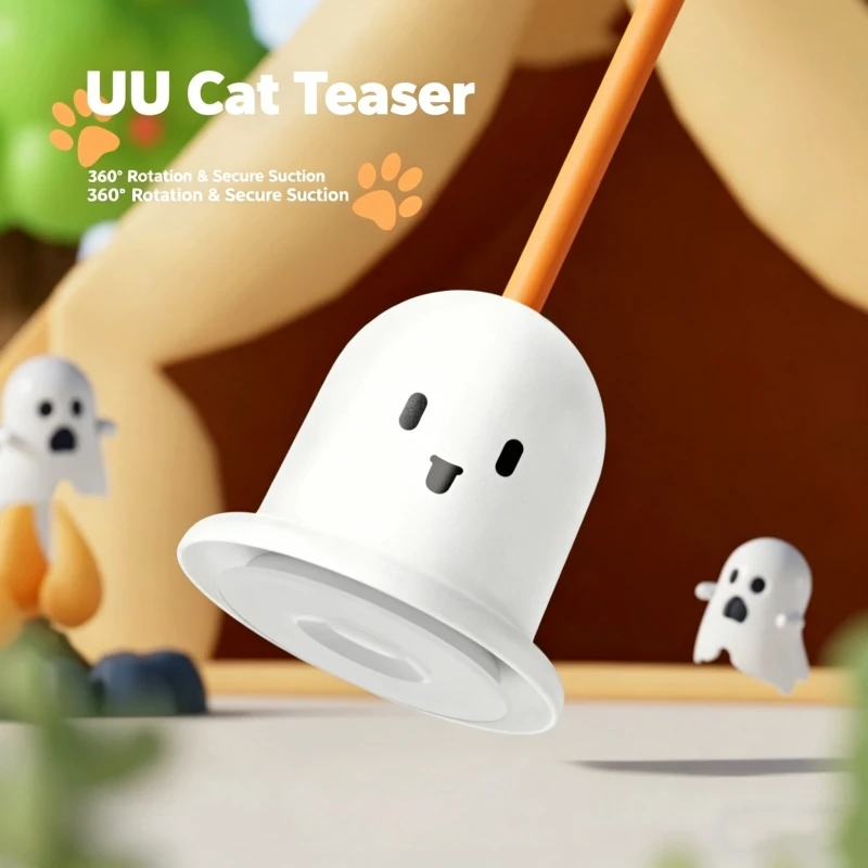 Cat toys with strong suction cups, cat teasing sticks, and a self soothing tool that can be held with cat feathers and bells