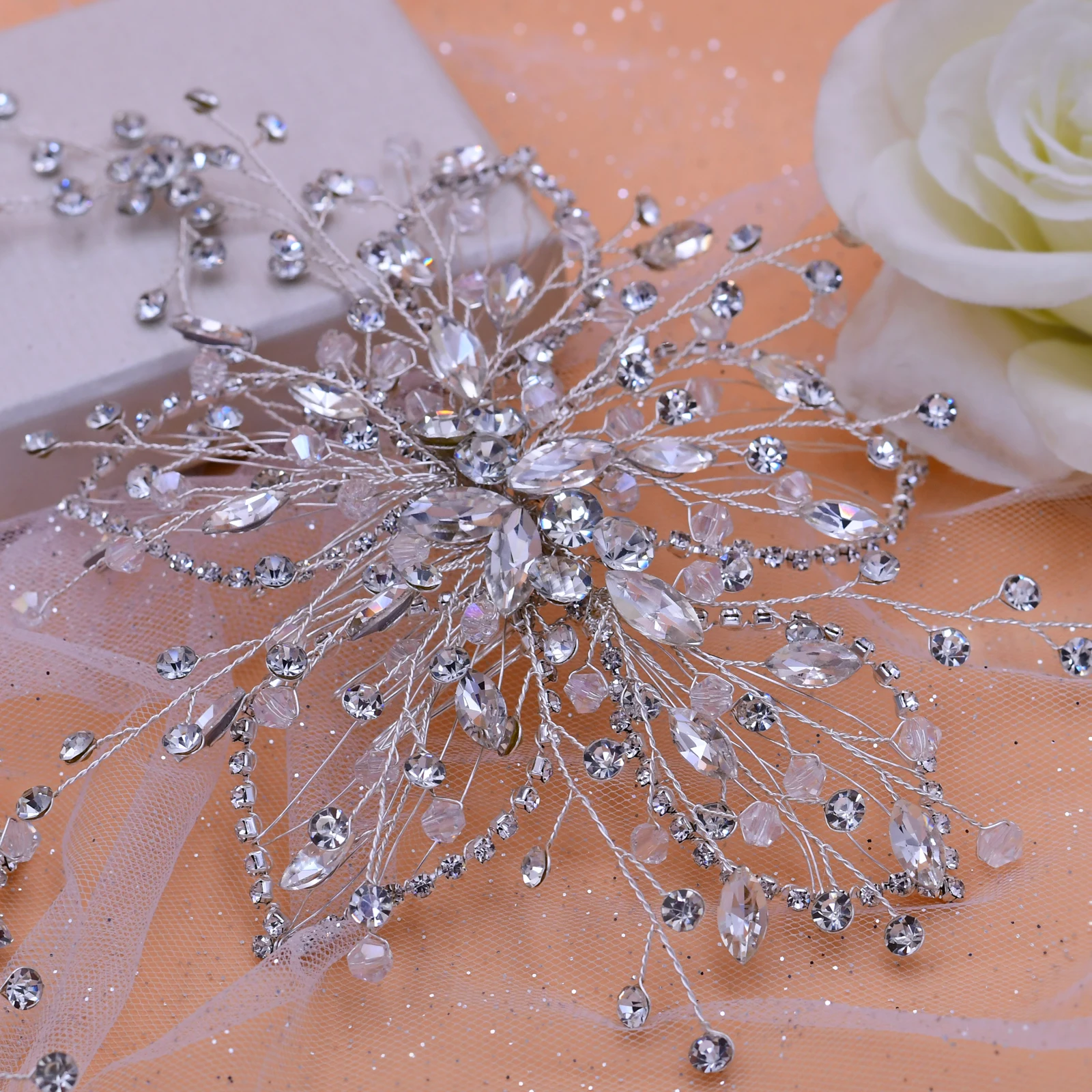 Rhinestones Flower Wedding Headband With Hair Combs Bling-Bling Crystal Hair Hoop For Brides Original Head Piece Bridal Jewelry