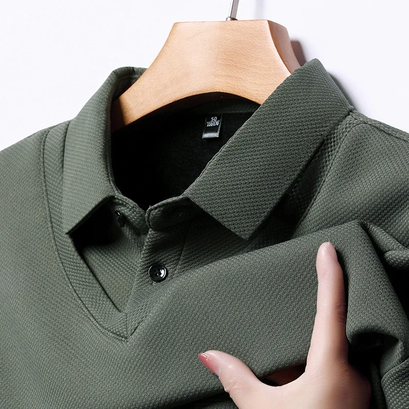 

Новая мужская Повседневная модная Однотонная рубашка-поло с длинными рукавами и имитацией двух частей, удобный всесезонный универсальный топ