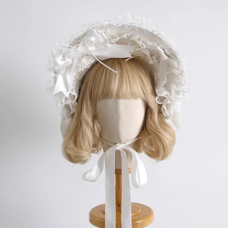 오리지널 핸드메이드 인형 화이트 빈티지 스몰 탑햇 로리타 레이스 보우 헤드밴드 여성용 스윗 KC 보닛 모자 액세서리