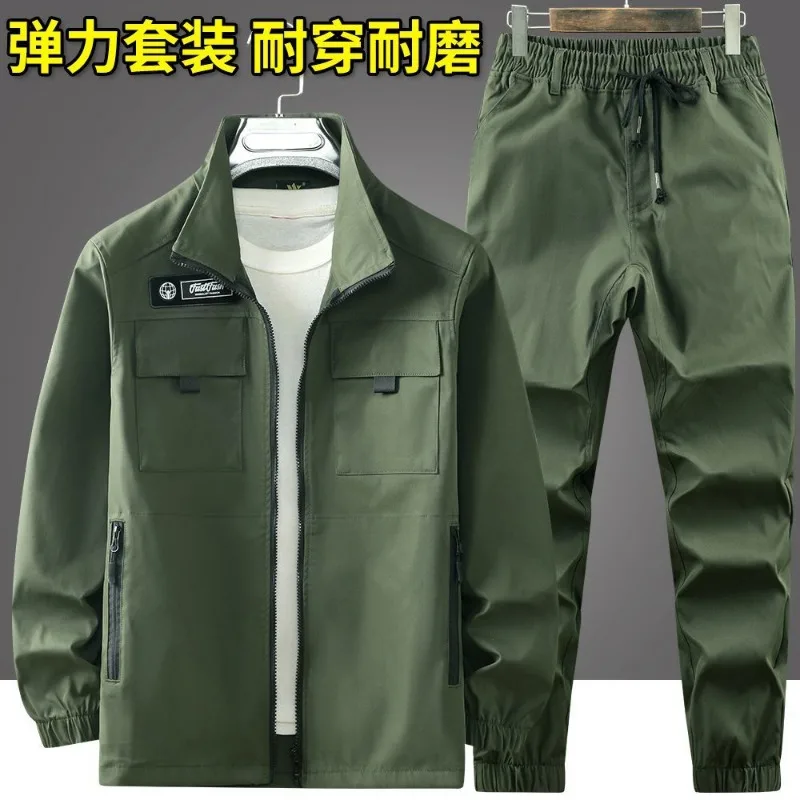 Men Stretch Wear Resistant Workwear Set Multi Pocket Cargo Jacket Elastic Jogger Pants Construction Outdoor Work Two Piece Suit
