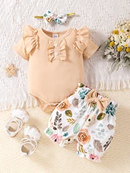 3pcs Newborn Baby girl Ruffle Short sleeve Bodysuit+Bow Printed shorts+Headband 0-18 Months Cute Baby Summer Set