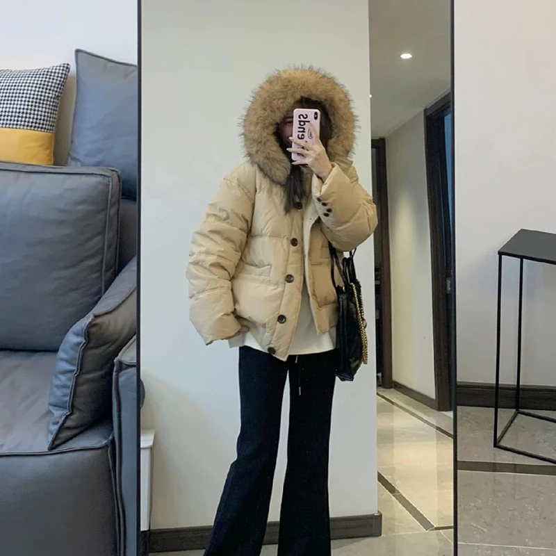 

2025 корейский стиль, свободная женская зимняя куртка, утепленные теплые куртки с капюшоном для женщин, модное пальто с наполнителем на утином пуху