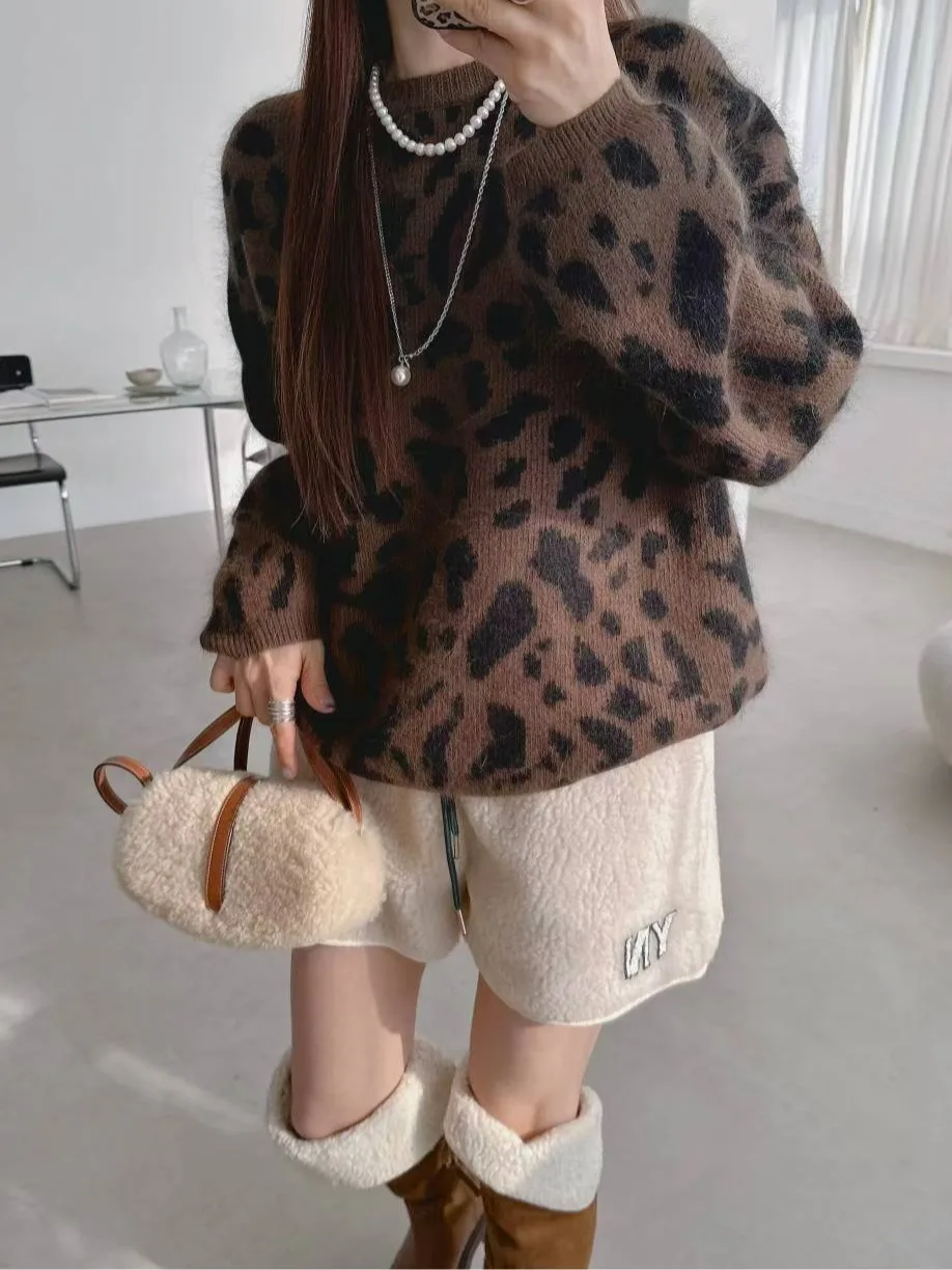 الرجعية شيك ليوبارد طباعة تريكو سترة المرأة Faion تنوعا تصميم الخريف الشتاء الدافئة لينة النسيج تخفيف جاهز #5
