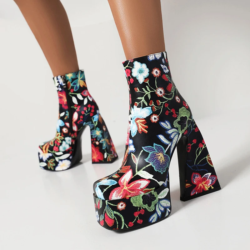 Colorful Flower Pattern Super High Cutout Chunky Heel Women's Ankle Boots Square Toe Platform Side Zip Printed Short Boots