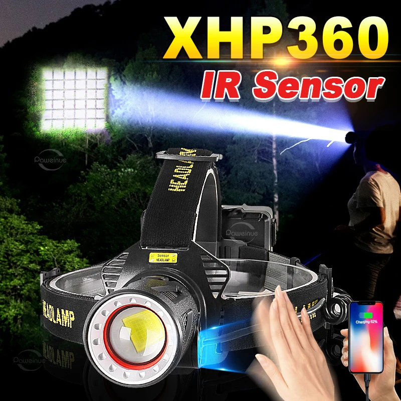 Novo xhp360 led ultra brilhante farol de alta potência usb recarregável sensor ir lanterna tática 18650 bateria lâmpada pesca