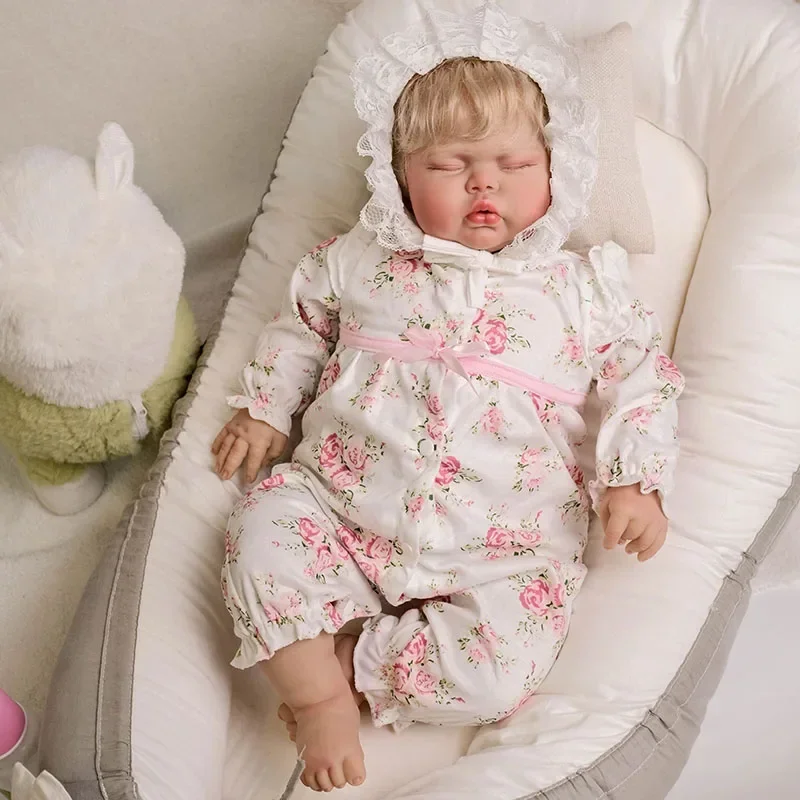 60CM Pickle Sleeping in Soft Cloth Body Lifelike Reborn Toddler Hand Rooted Curly Blond Hair Cuddly Baby Doll Baby