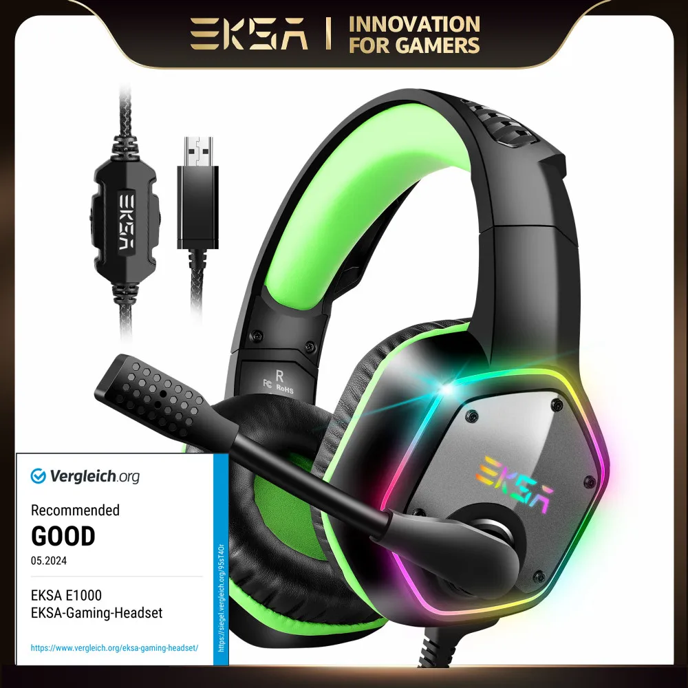 Gaming Headphones For PC/PS4/PS5 EKSA E1000 7.1 Surround RGB Gaming Headset Gamer USB Wired Headphones with Noise Cancelling Mic