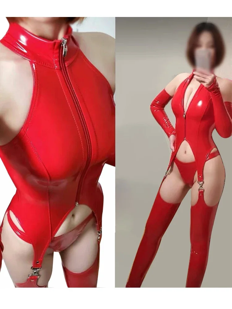 

4PCS/SET Wet Look PVC Cosplay Outfit Shiny PU Leather Open Crotch Bodysuit Body Garter Belt Stockings Tights Sexy Clubwear Tops