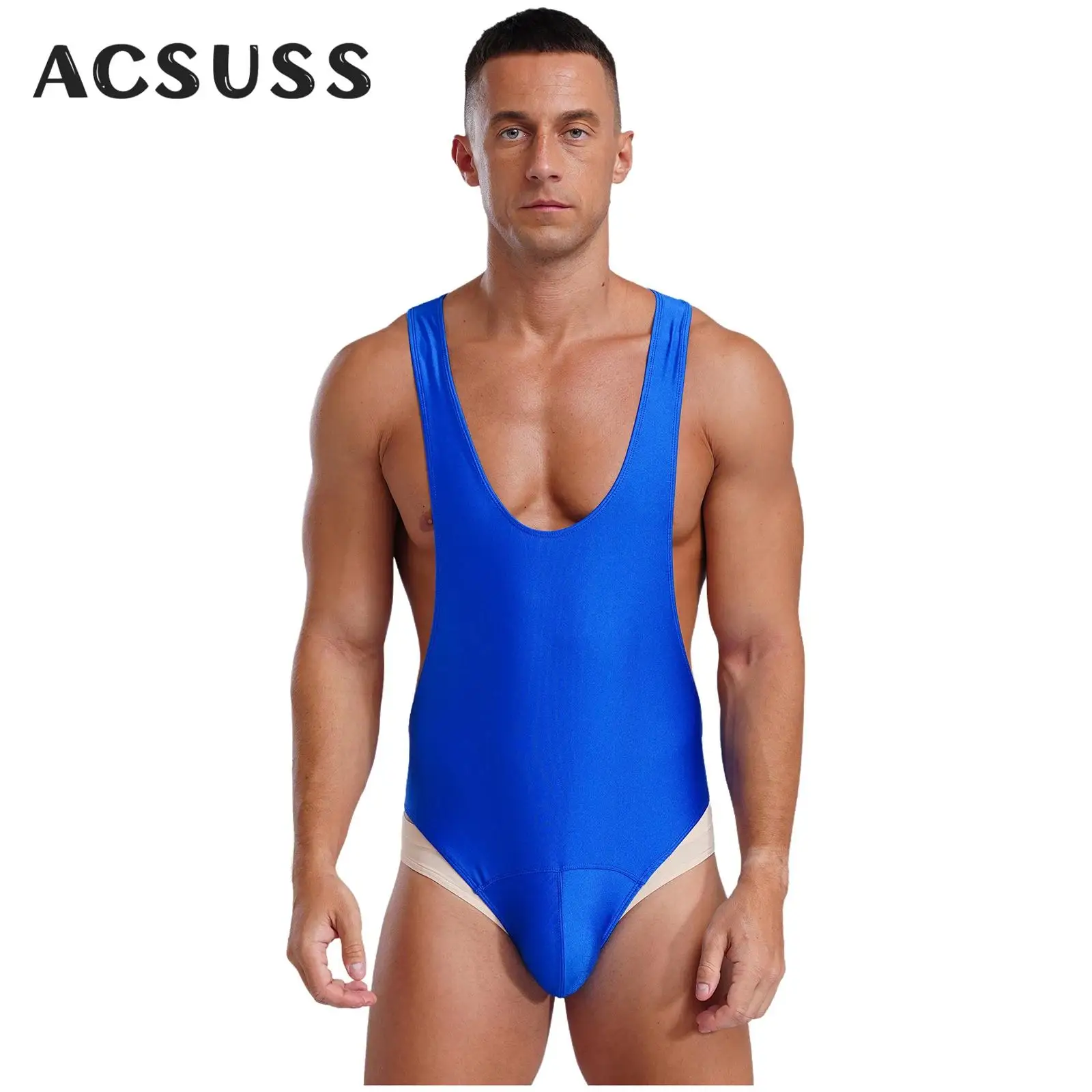 Adult Men Fitness Workout Leotard Bodysuit Bulge Pouch Wrestling Singlets Bodybuilding Shapewear One-piece Swimsuit Bathing Suit