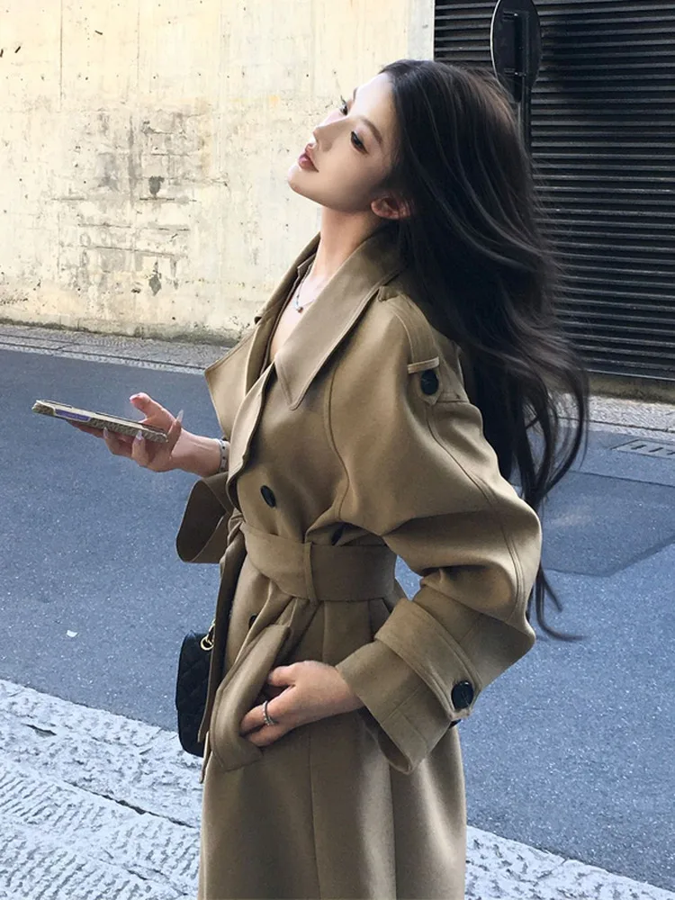 

Classic Khaki Long Women's Coat Double Row Buttons Korean Style Fashionable Elegant Autumn New Arrival Polyester Fiber