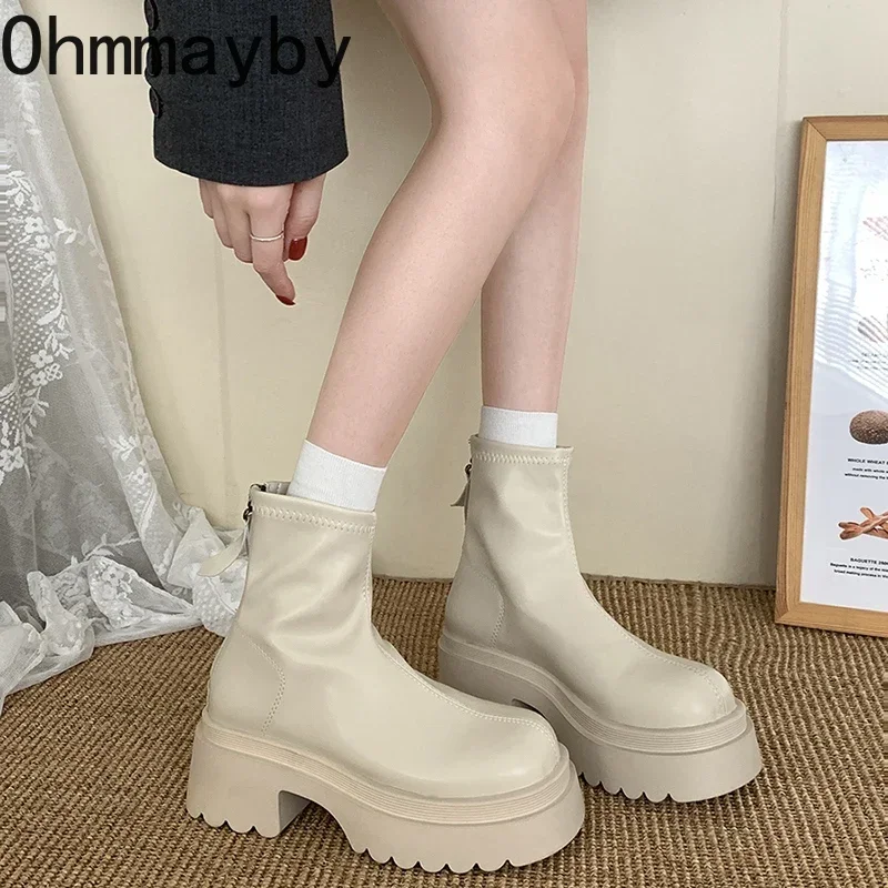 Chunky Women Short Boots Fashion Back Zippers Shoes 2024 New Autumn Winter Thick Heel Women\'s Ankle Booties