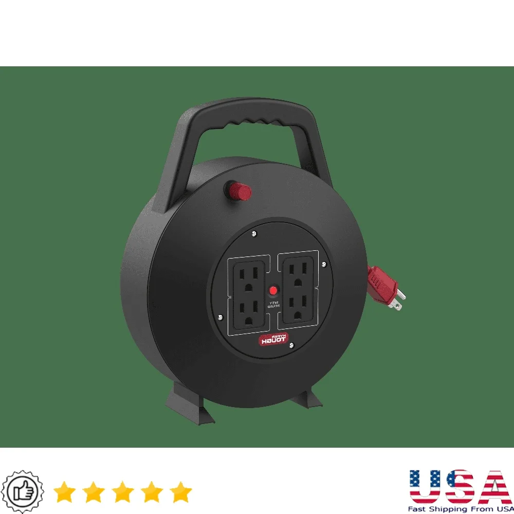 

25ft Heavy Duty Cord Reel with 4 Power Outlets 16 AWG SJT Cable ETL Certified Outdoor Extension Cord Copper PVC PP