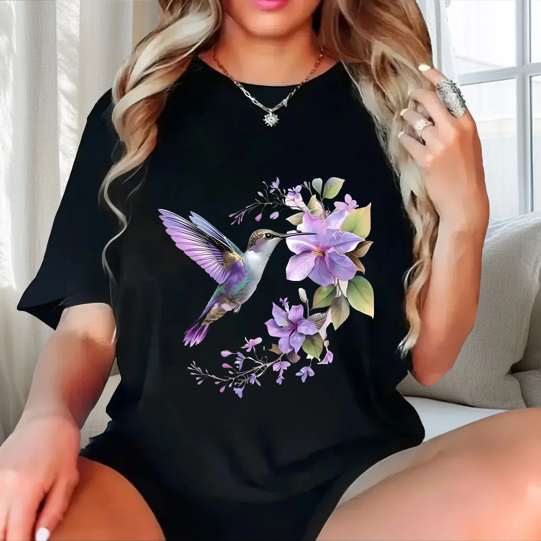 

Flying bird holding flower print plus size Ladies' casual short sleeved T-shirt black