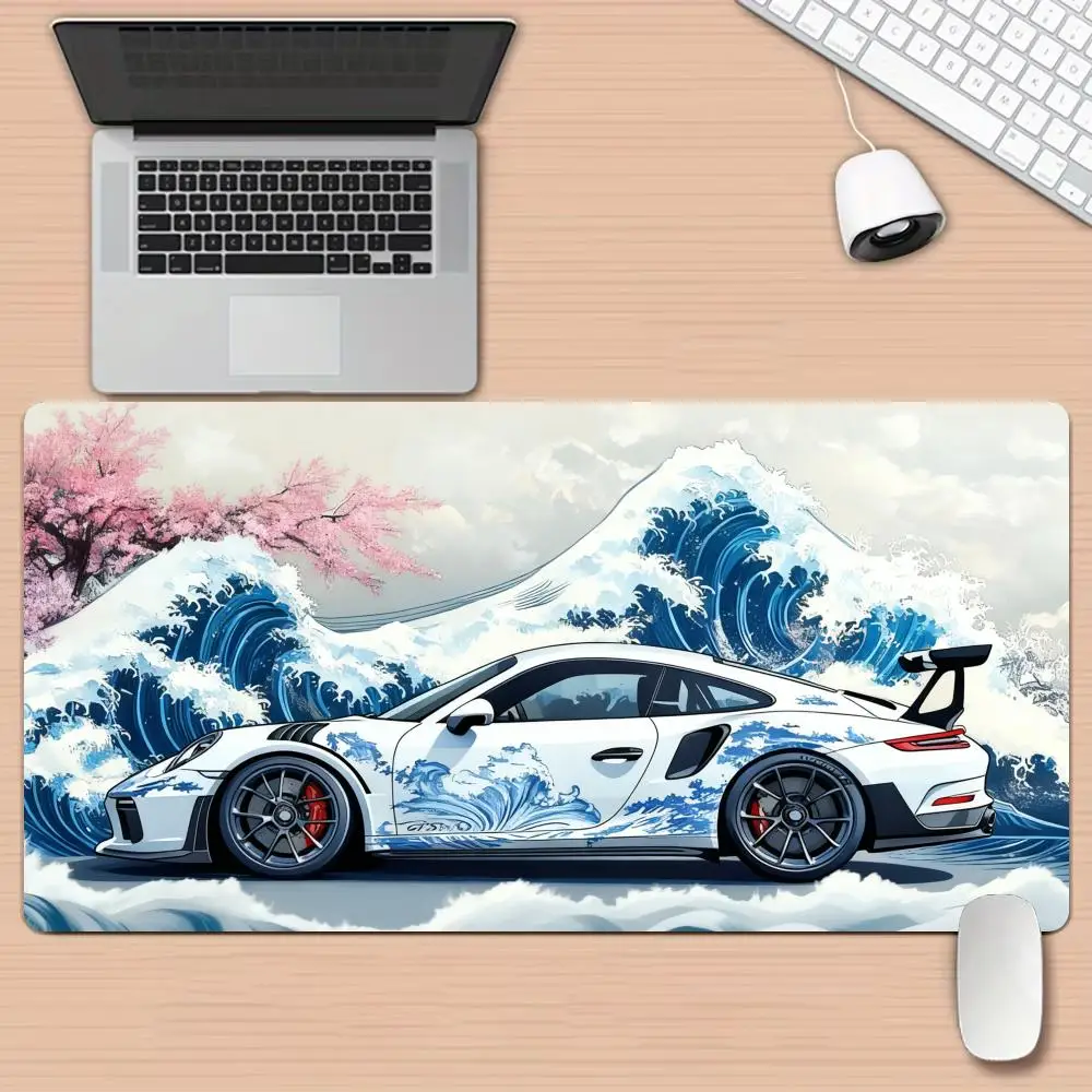 

Крутой спортивный автомобиль и волна, большой коврик для мыши, настольный коврик с прошитыми краями, нескользящий, прочный, аксессуары для ПК, игровой коврик, настольные коврики, офисный коврик
