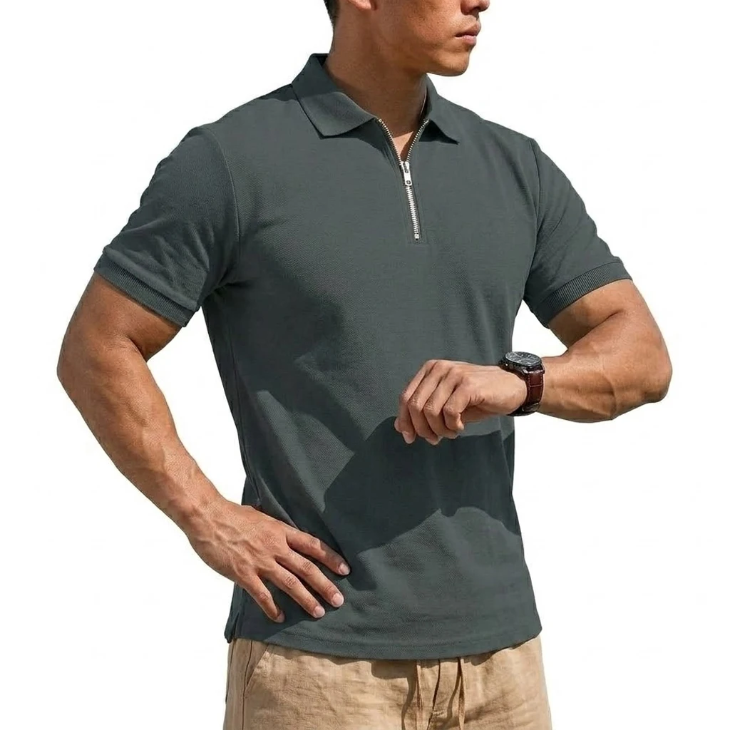 Sommer Herren Henry Shirts Gym Man Kurzarm T-Shirt Leichtes Reißverschluss-T-Shirt Koreanische Schnelltrocknende Shirts Herrenbekleidung – Detail 4