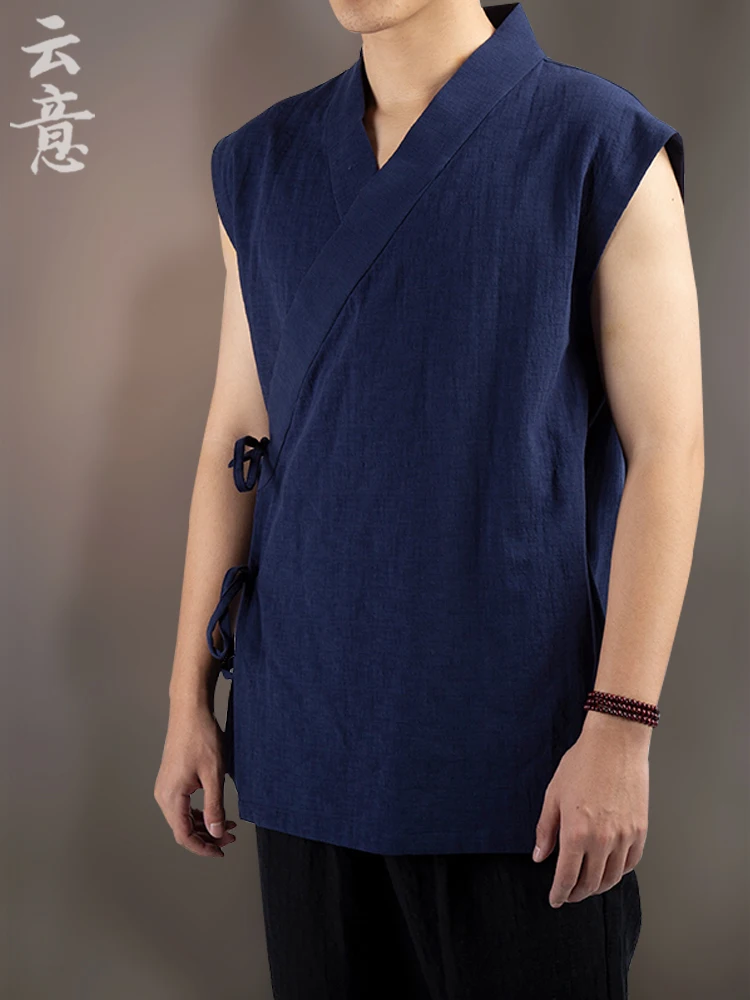 

Летний китайский хлопково-льняной жилет в традиционном стиле Ханьфу, молодежная повседневная одежда, однотонные дзен-халаты
