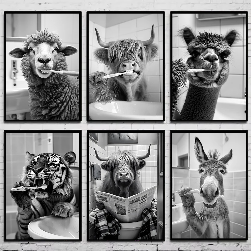 Funny Animals Yak Brushing Teeth Bathroom Black & White Posters Prints Picture Canvas Painting Wall Art Decor WC Toilet Paper