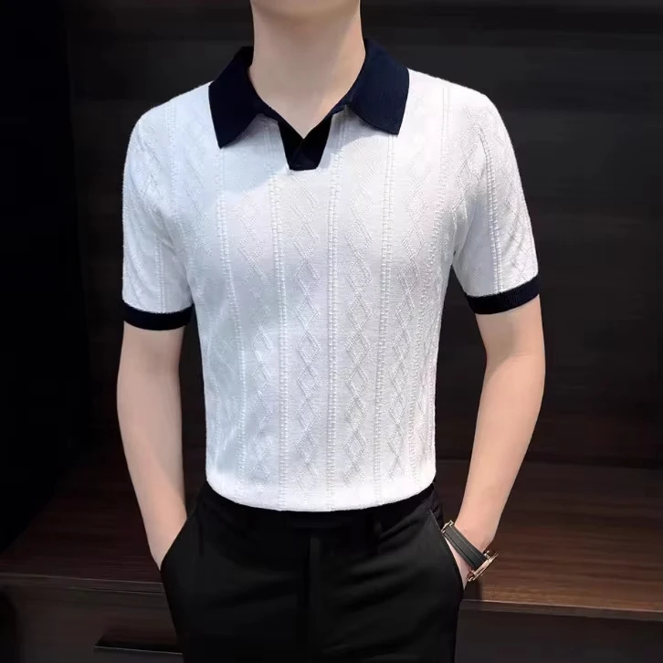 

Summer New Fashion England Men's Solor-coded Casual Trendy Knitted Turn-down Collar Short Sleeve Vintage Slim Polo Shirts Male