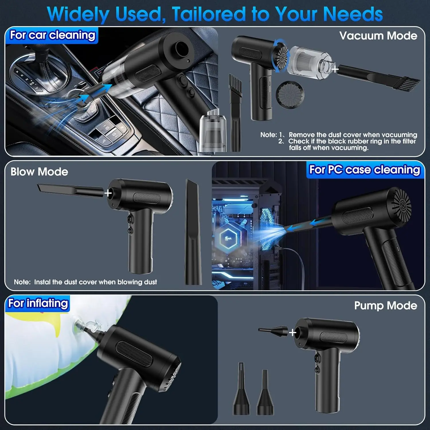 منفاخ هواء مضغوط 100000 دورة في الدقيقة منفاخ هواء كهربائي محمول ومكنسة كهربائية للسيارة، منظف لوحة مفاتيح قابل للتعديل بثلاثة تروس مع ضوء LED