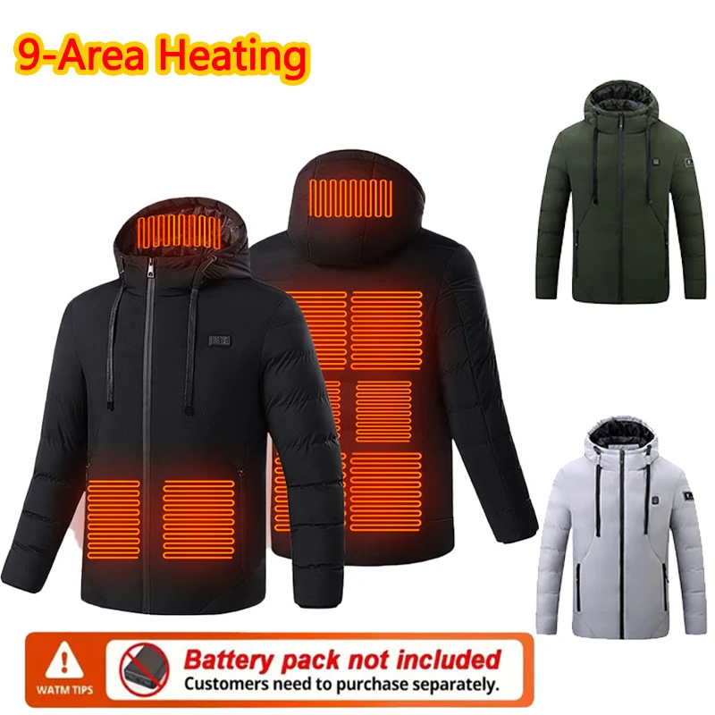 

9 Area Heated Jacket Hooded Men Warm Heated Jacket Winter Women Outdoor Sports Thermal Hooded Coat (Not Included The Power Bank)