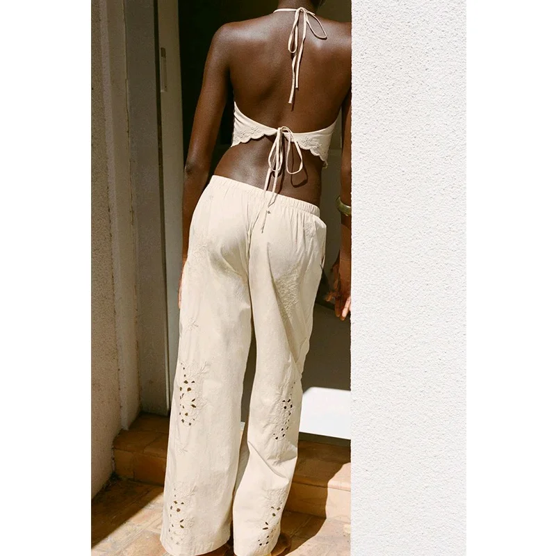 

Casual Embroidered Cotton Blouse with Knot And Long Pants Summer Faion Set for Women round Ne ort Sve