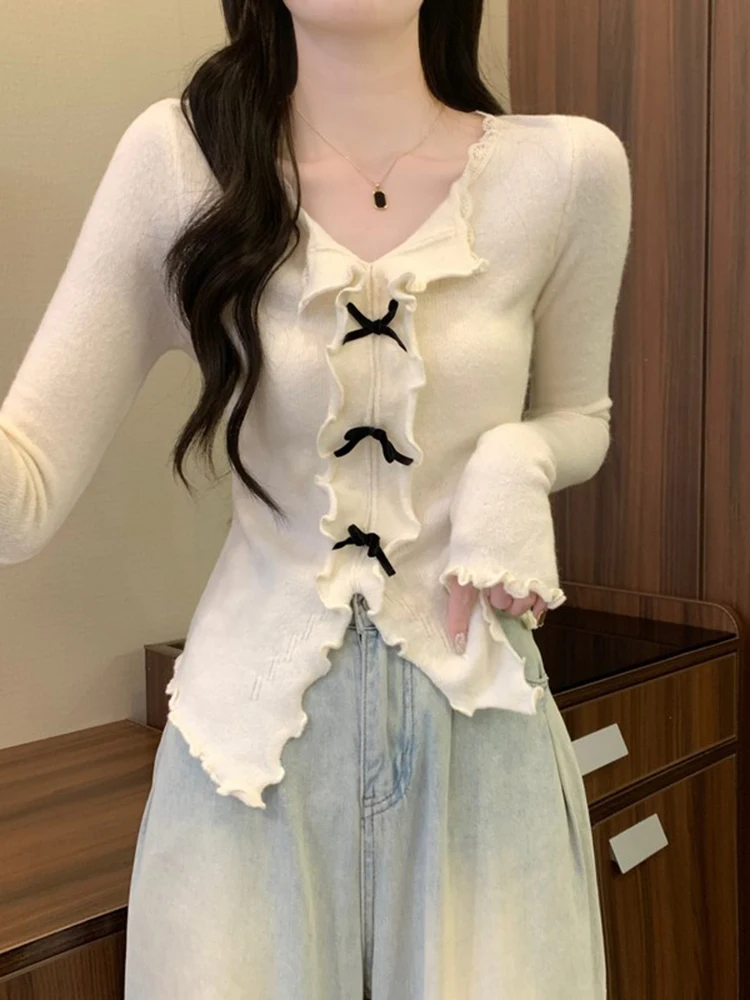 Women's Knitted Wool V Neck Base Shirt Fashionable Autumn Winter New Style Sweater Solid Color Full Sleeve Top Female Trendy M6