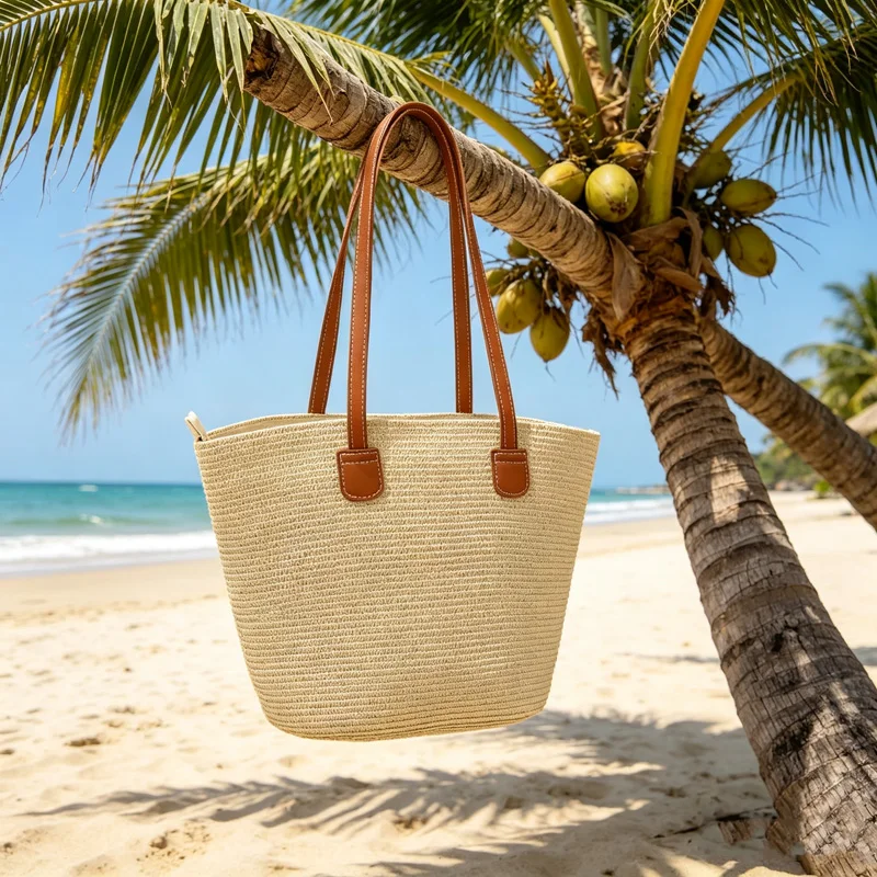CLAREGQI  Women's Solid Color Straw Tote Bag, Large Capacity Woven Beach Shoulder Bag with PU Leather Handles, Summer Casual Han view 4
