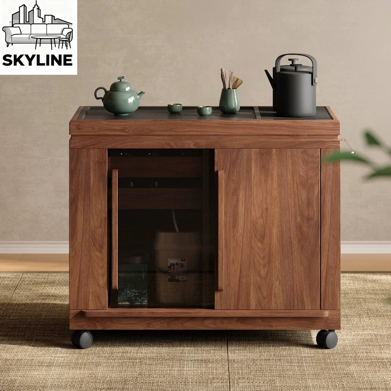 Solid wood movable tea table Living room tea cabinet with making small apartment balcony tea table
