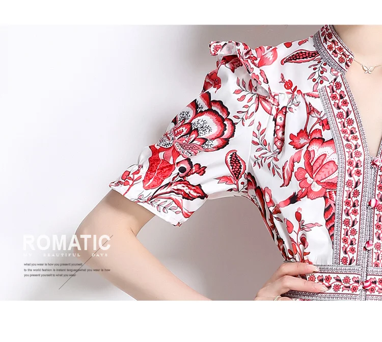 Summer Runway Blue And White Porcelain Dress Women's V Neck Flare Sleeve Ruffles Buttons Flower Print A-Line Beach Mini Vestidos
