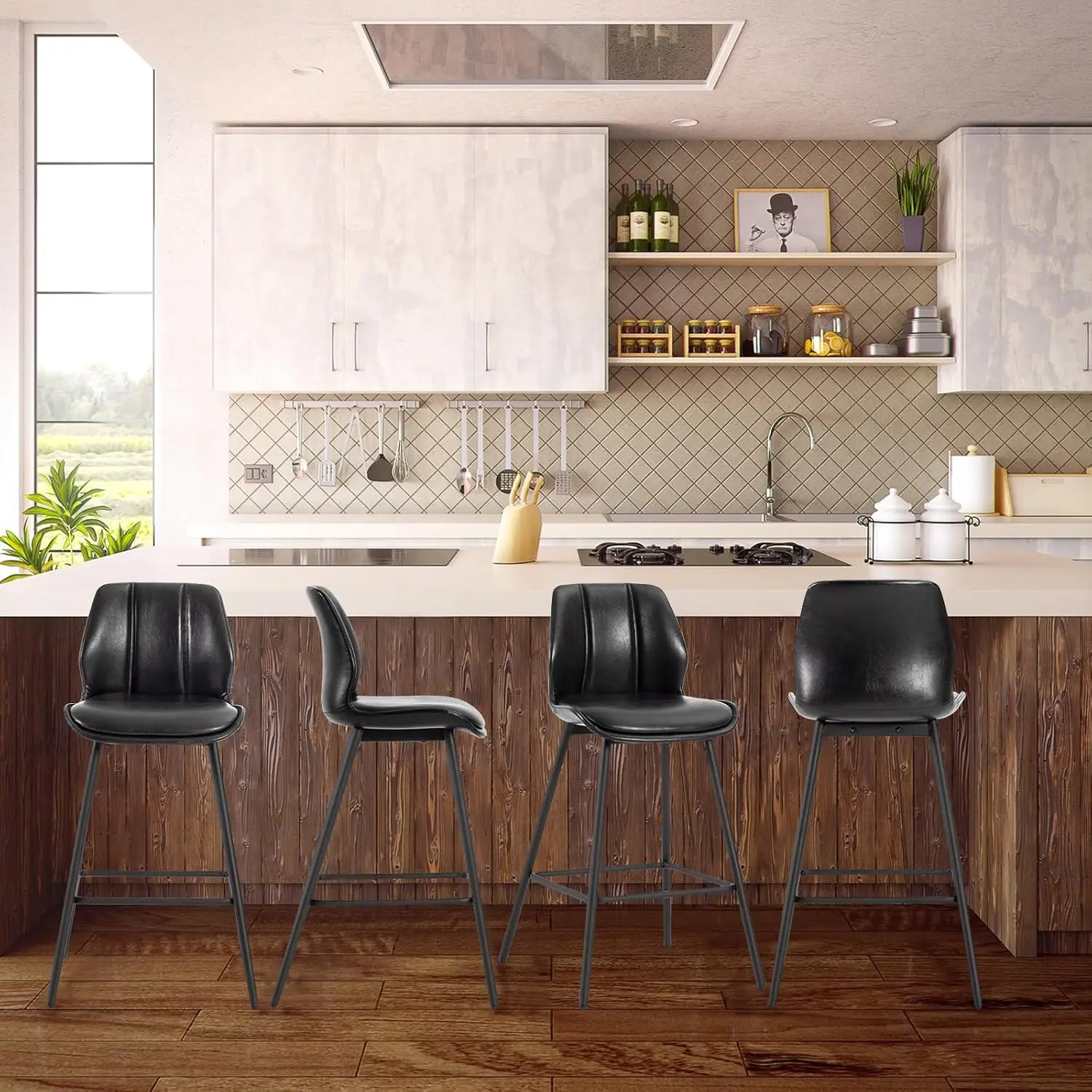 Counter Height Industrial Pub Barstools, cadeiras de couro falso para Kitch, costas e pernas metálicas, modernas, 30"