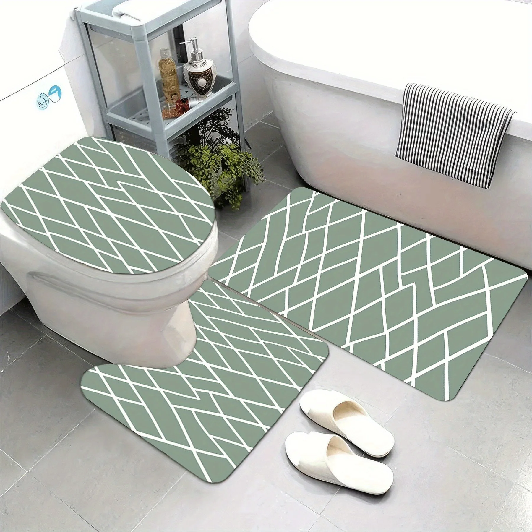 3pc Green and white striped bathroom set, U-shaped mat, non-slip mat, toilet seat cover, suitable for bathroom decoration.
