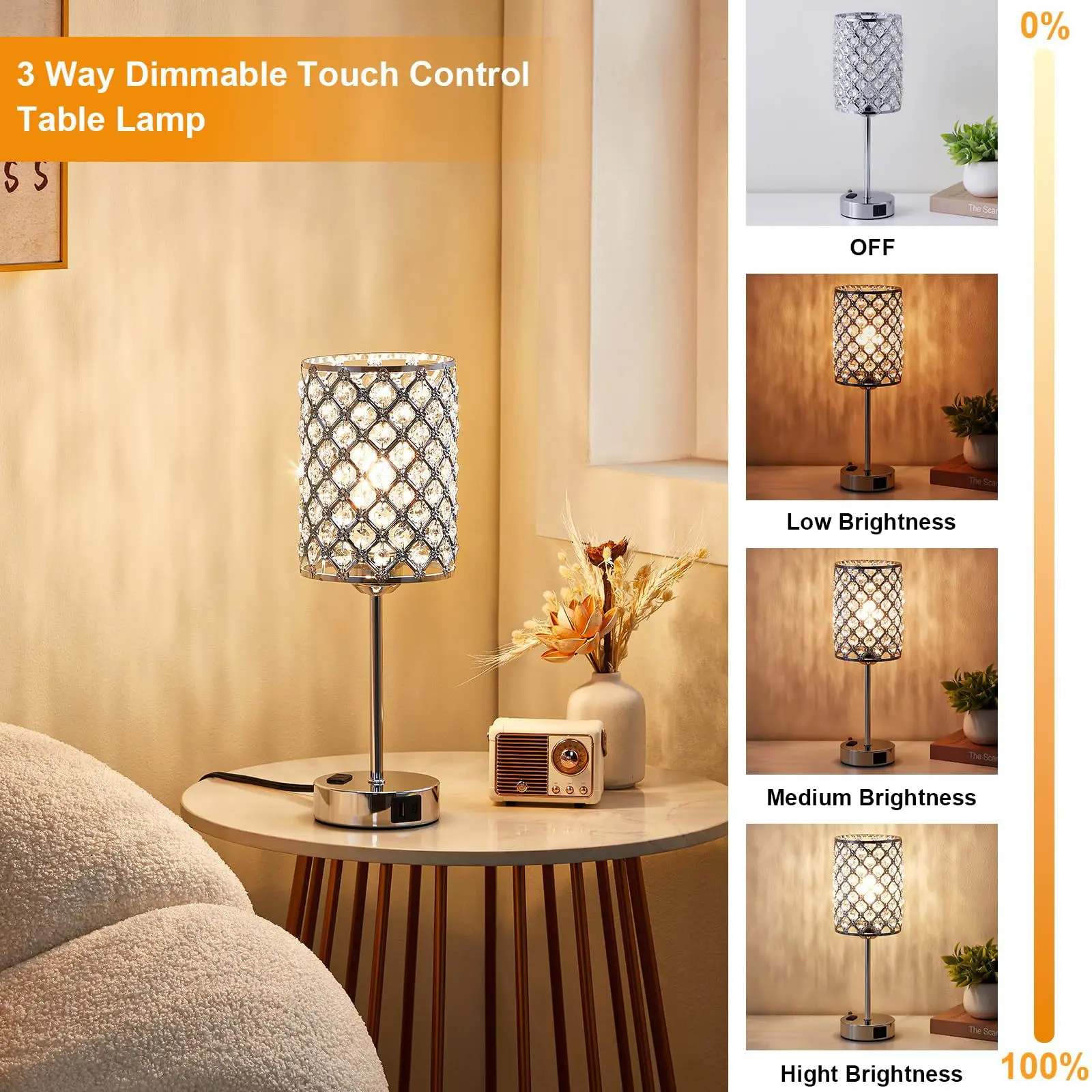 Factory Direct 2026 New crystal desk lamp bedroom bedside lamp touch three-speed dimming dual USB charging decorative lamp