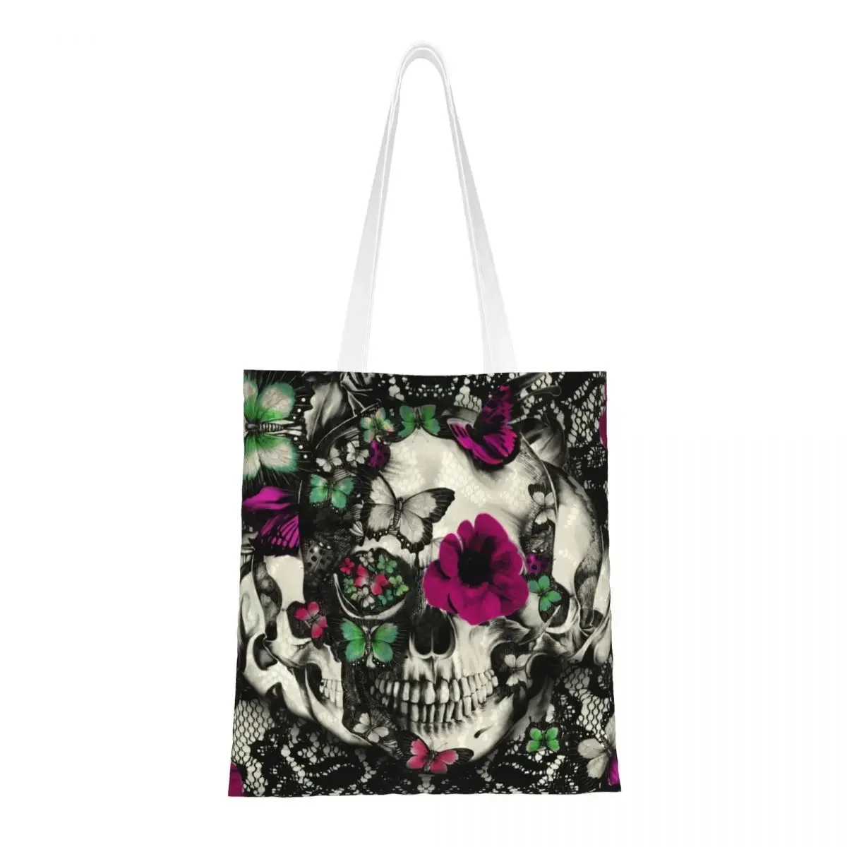 Victorian Gothic Lace Skull Floral Canvas Tote Bag Aesthetic Unique Design Trend Bags for Women Men