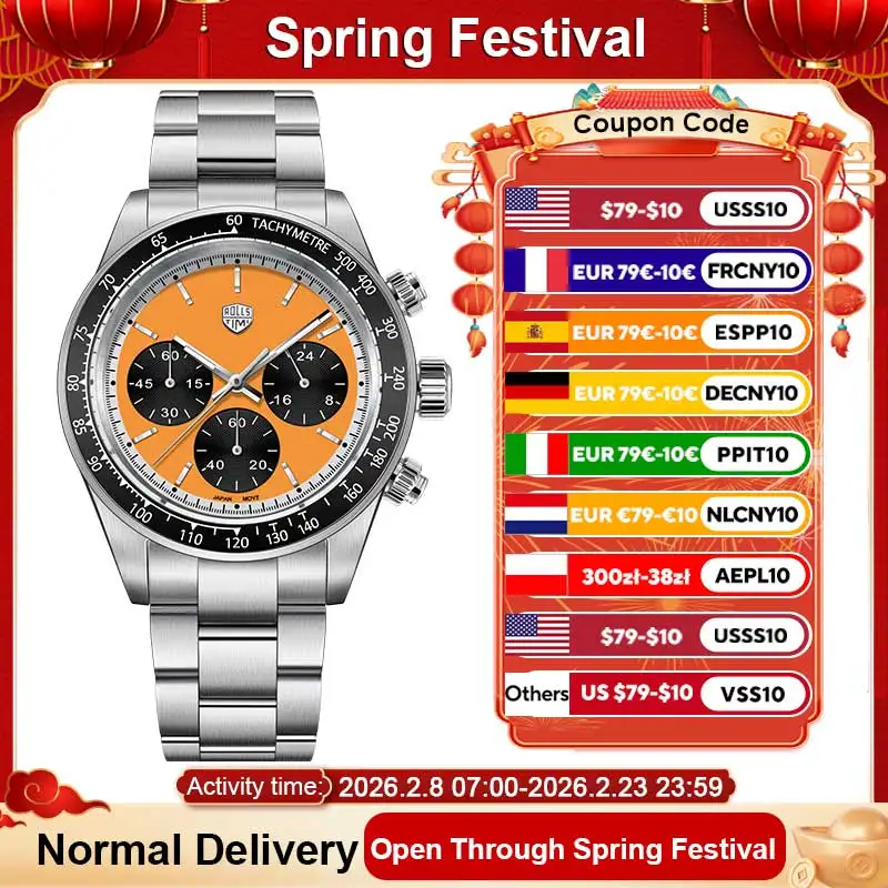 

2026 Новые роскошные кварцевые часы Rollstimi в стиле ретро с хронографом для мужчин, Япония VK63 Movt, водонепроницаемые часы из нержавеющей стали 100 м, мужские часы
