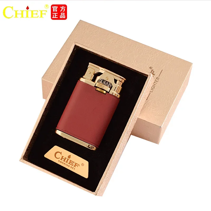 CHIEF Kerosene Lighter New Retro Leather Windproof Gear Linkage Ignition Creative Personality Gift Smoke Accesoires Gadgets Male