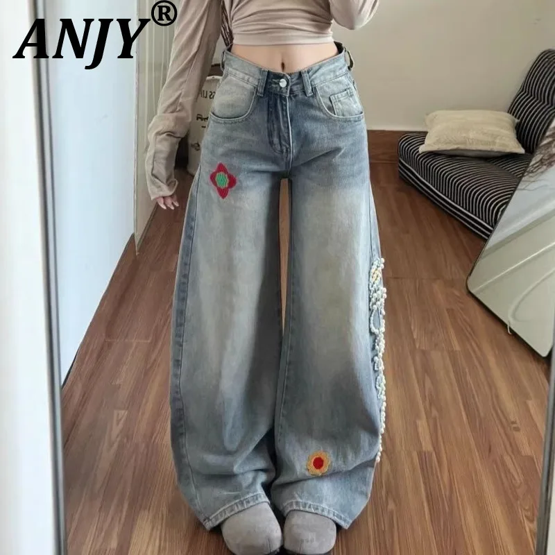 ANJY Spring Autumn New Women Three-dimensional Embroidered Pearl Floral Pattern Design Loose Casual Trendy Wide Leg Jeans A22272