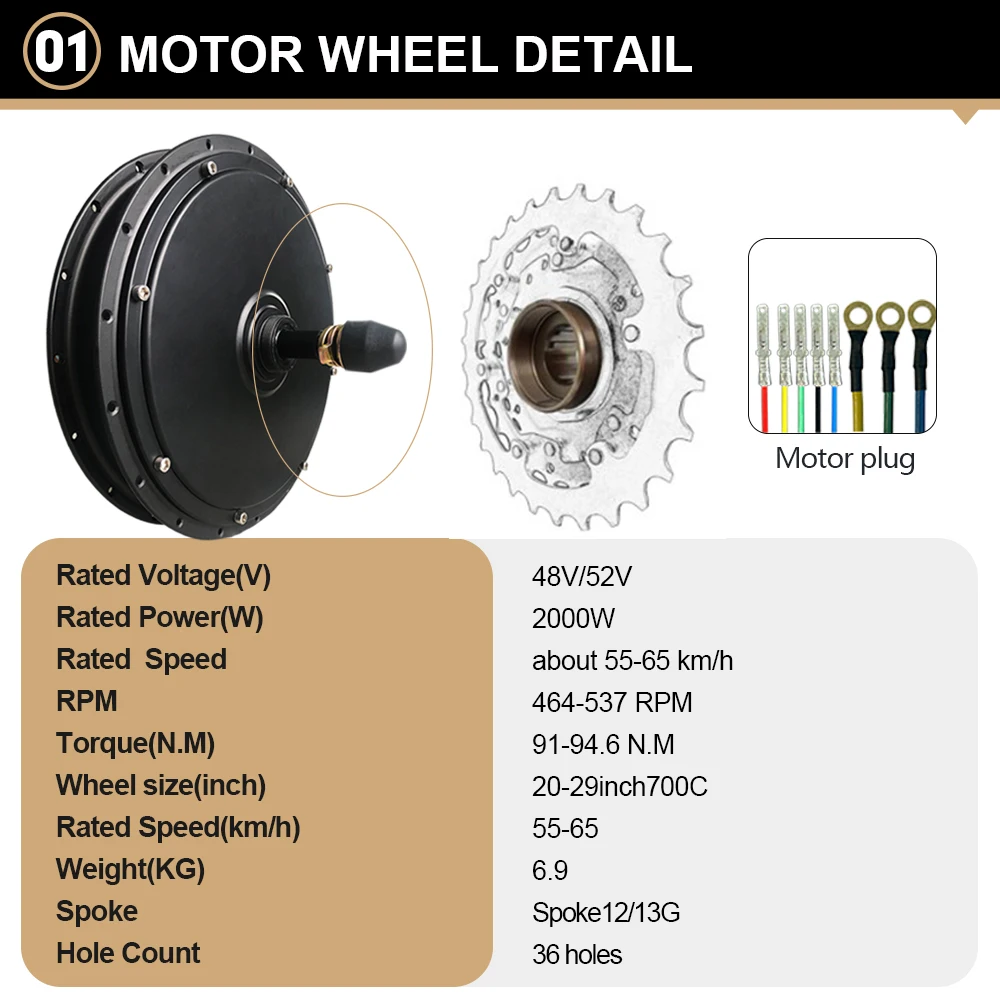 48V/52V 2000W Electric Bicycle Kit Rear Wheel Hub Motor 20’24’26’27.5’28’29 inch700C Ebike Conversion Kit For Mountain