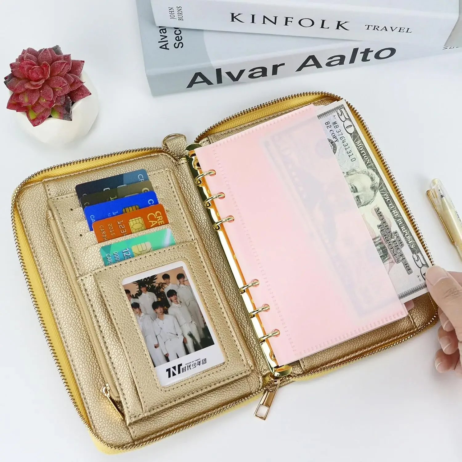 Бюджетный кошелек A6 из искусственной кожи, золотой кошелек для денег с 6 кольцами, блокнот с 1 комплектом розовых карманов-разделителей, подарочная карта для женщин