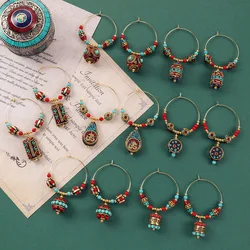 Ethnic Tibetan Style Pendant Earrings for Women Vintage Copper Bead Luxury Gemstone Colorful Jewelry Nepal Exotic Creative Gift