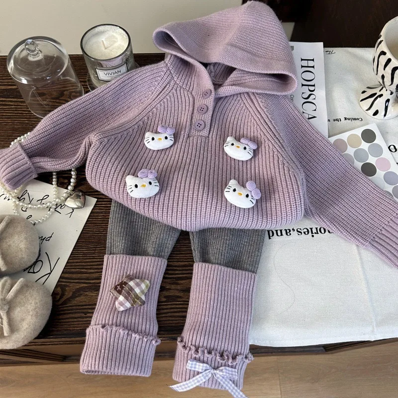 

Girls Winter Two Piece Set 2025 Korean Edition New Cartoon Hellokitty Cat Thickened Hoodie Sweater for Girls Velvet Bottom Pants