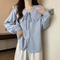 New Fashion Doll Collar Chiffon Shirt Women in Spring Autumn Loose Temperament White Shirt French Long Sleeved Shirt