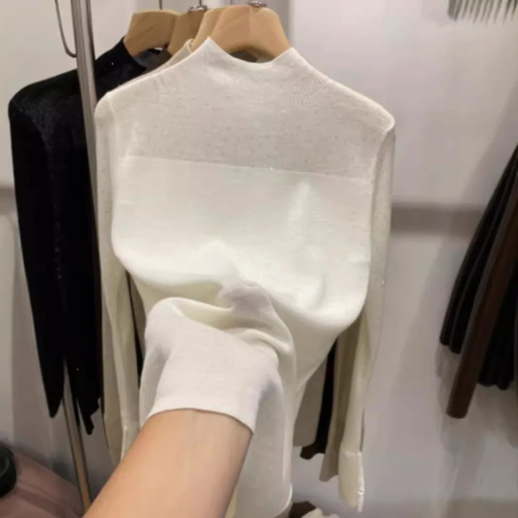 

Spring 2026 New Semi-turtleneck Diamond-encrusted Solid Color Temperament Fashionable Waxy Bottomed Wool Knitted Fashion Top