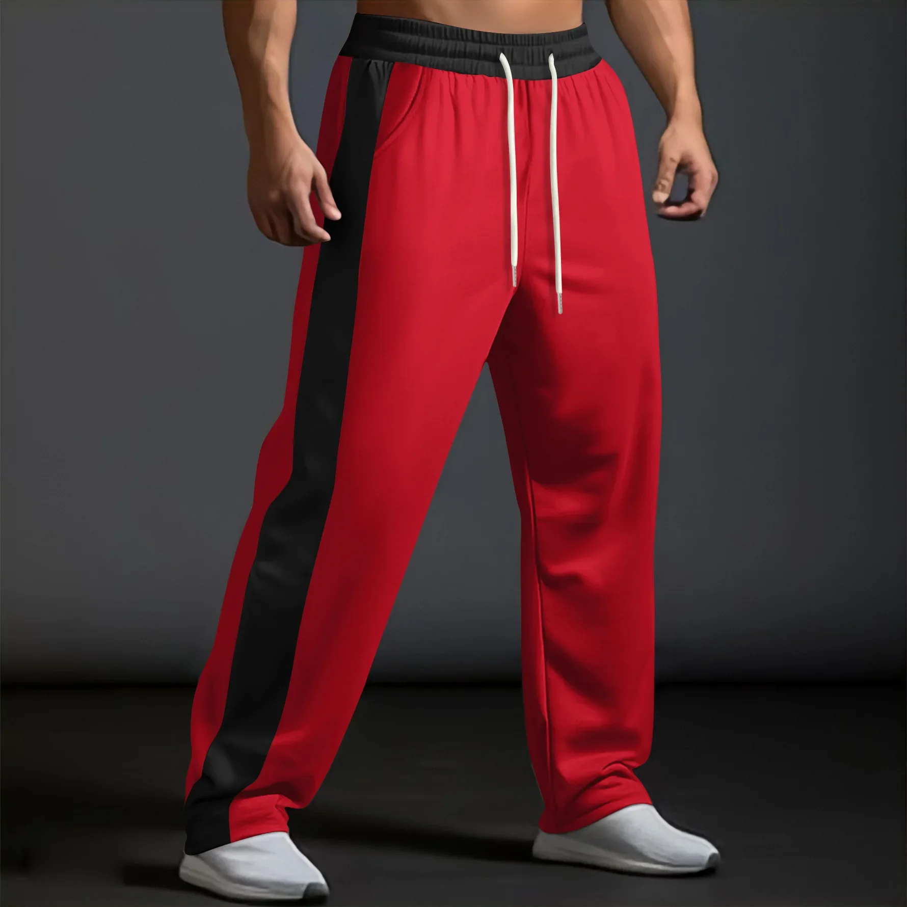 

Men Spliced Pockets Sports Patchwork High Street Casual Pants Straight Pants Drawstring Full Length Pant Loose Spring 2025 New