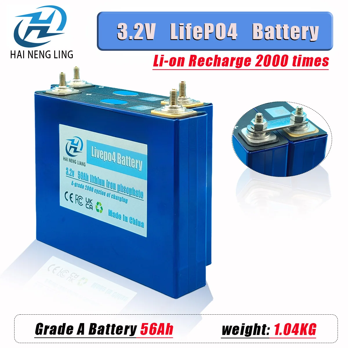 Grade A 3.2V 56Ah LiFePO4 Rechargeable Battery 2000 Cycle Motorcycle Car Modified Stud Phosphate for Travel Solar RV Battery