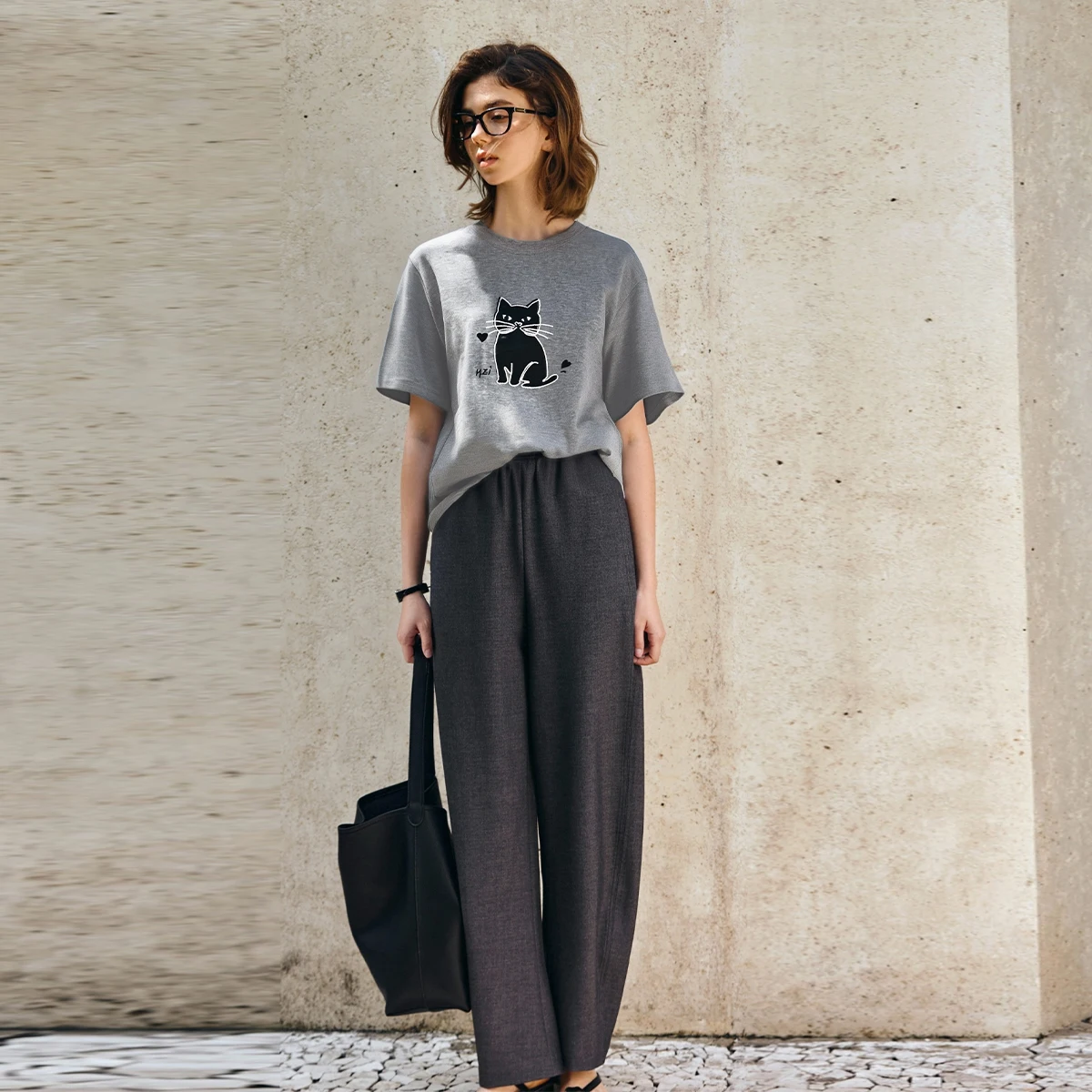 OLrain Pure Cotton Grey T-shirt Woman Cat Print Women's Summer Knitted Top 2025 Casual Short Sleeve Tee Shirts Ladies O57XT98216